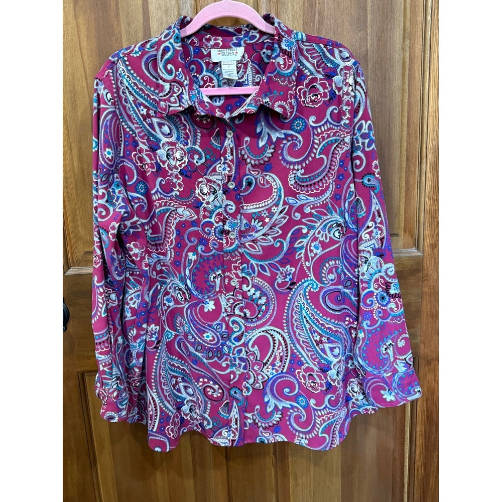 Mainstreet Blues Womens Paisley Print Long Sleeve‎ Button Up Shirt Top Tunic 1X